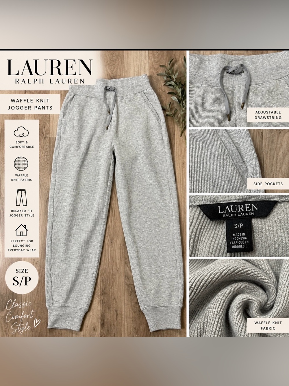 Lauren Ralph Lauren Gray Thermal Waffle Knit Jogger Pants – Size Small NWOT